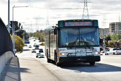 Cars & AC Transit Bus on Foster City Boulevard