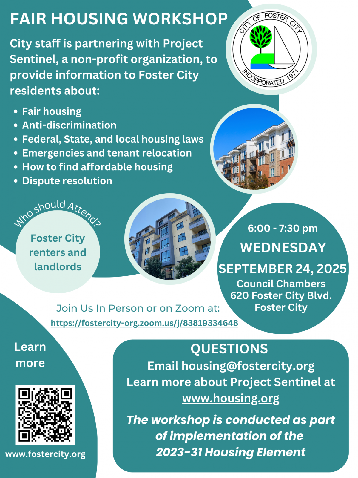 Flyer for Fair Housing Workshop to be Held on September 24, 2025 at 6pm at City Council Chambers