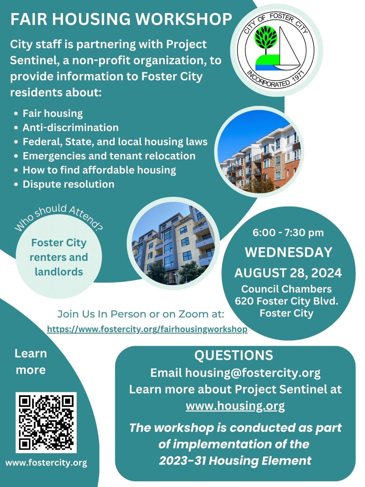 Flyer for Fair Housing Workshop on August 28, 2024